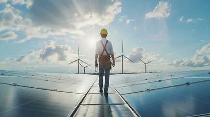Professional Male Green Energy Engineer Walking On Solar Panel Wearing Safety Belt And Hard Hat Man Inspecting Sustainable Energy Farm With Wind Turbines VFX Edit Visualizing Electrici : Generative AI