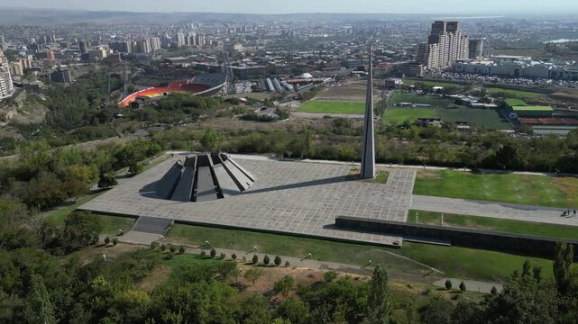 Aerial view of Tsitsernakaberd Memorial on hilltop over Yerevan, ARM