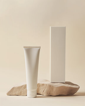 Soft white cream skincare tube with packaging box on stone with light beige background mockup