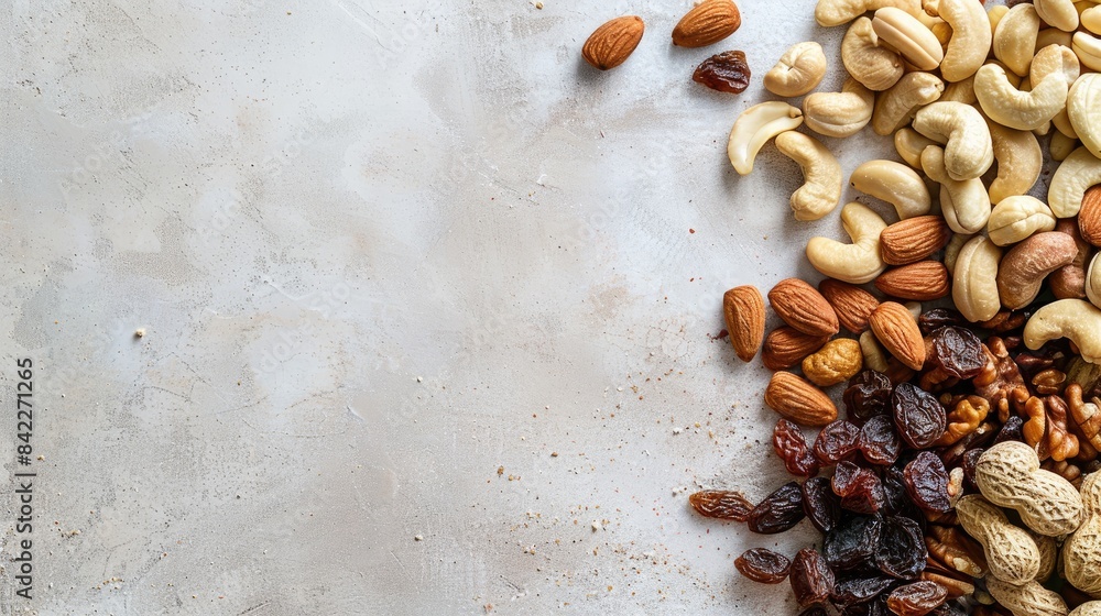 Poster assortment of mixed dried nuts and raisins on a neutral background from above ample space for text