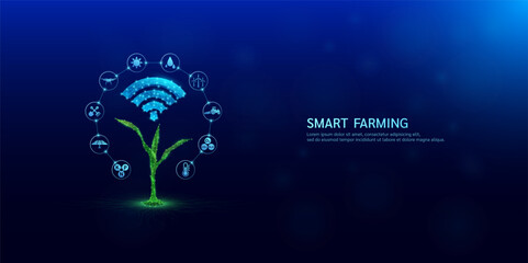 Smart farm applying technology in cultivation agriculture industry. Signal symbols blue wifi on Green seedling corn surround by icon Drone, Windmill, Sun, Tractor and Solar cell. Vector EPS10.