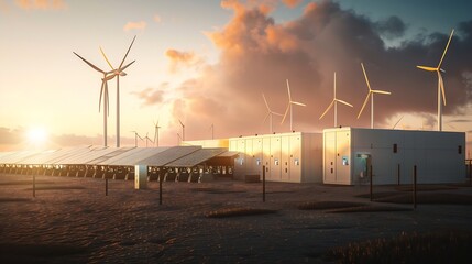 modern battery energy storage system with wind turbines and solar panel power plants in background at sunset : Generative AI