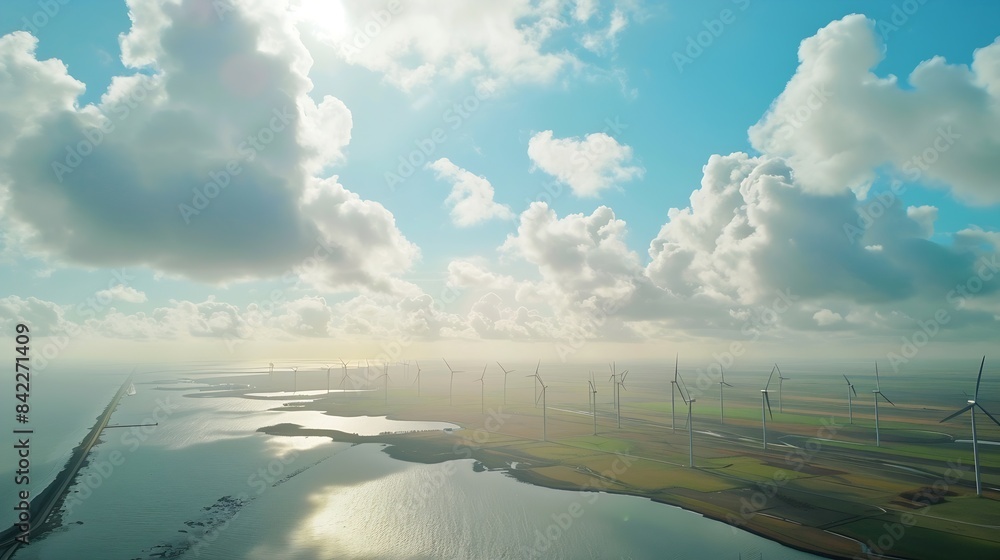 Poster windmill park with clouds and a blue sky wind mill turbines in the ocean aerial view of a wind farm 