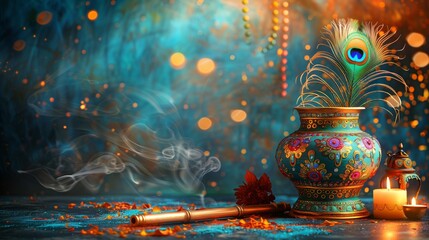 Decorative Janmashtami Setup with Peacock Feathers, Krishna’s Flute, Traditional Pot, and Lamp – Indian Festival Celebration Scene