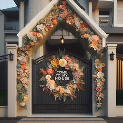 Welcome to my house is written on the gate amidst colorful flowers.