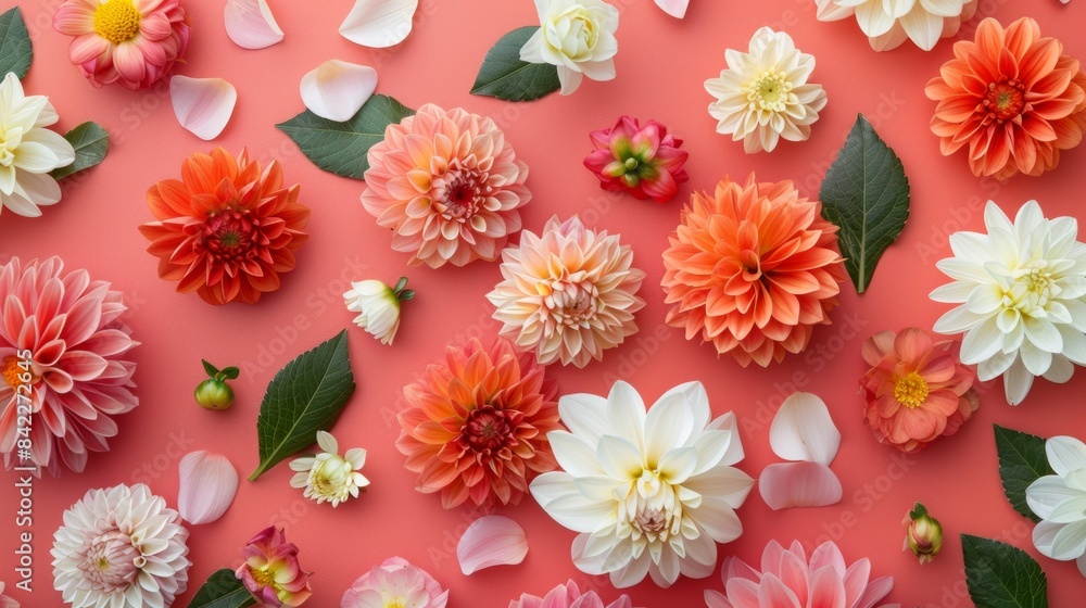 Wall mural coral background with various colorful dahlia flowers and green leaves in a top view. flat lay compo
