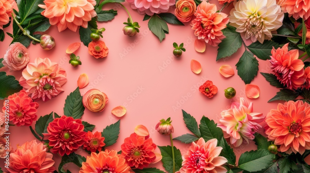 Wall mural coral background with various colorful dahlia flowers and green leaves in a top view. flat lay compo