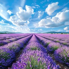 Obraz premium A field of lavender flowers under a bright blue sky The rows of purple blossoms create a serene and fragrant landscape