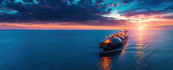 LNG tanker ship at sea, evening sunset, gas containers, industrial transport.