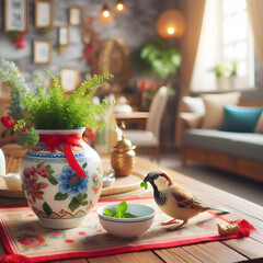 In the beautiful house there is a jar with a green plant next to a bowl with leaves in which a bird is sitting with the leaves in its beak.
