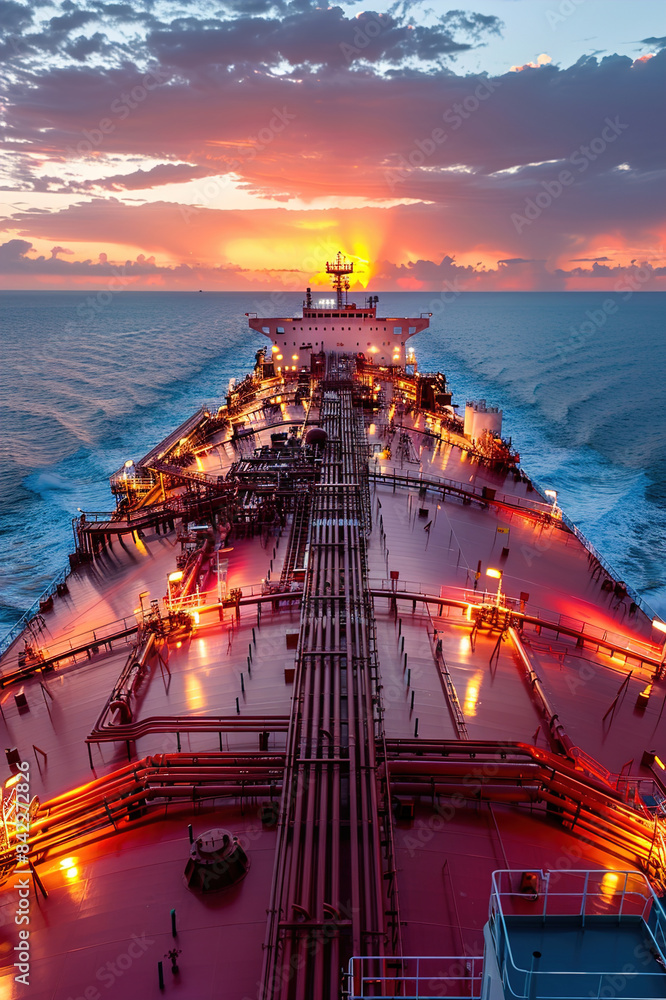 Wall mural LNG tanker ship at sea, evening sunset, gas containers, industrial transport.