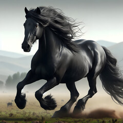 A beautiful black horse is seen running in the mountains,Running Black Horse in Mountain Landscape.