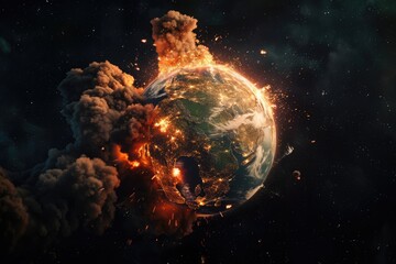 Planet Earth exploding from nuclear blast. Explosion of atomic bomb. Apocalypse, world war