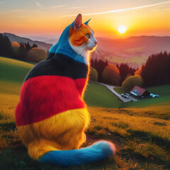 A beautiful blue black and red colour cat is sitting on a green mountain and the sun is rising.