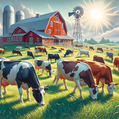 Cows are walking in the field behind a dairy farm with a rock on it and the sun is shining.