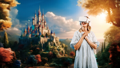 Skilled girl in pajamas excited with metaverse by using VR goggle at fantasy palace. Caucasian...