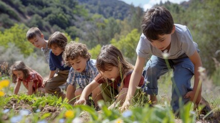 Outdoor education scene with children exploring nature and hands-on learning