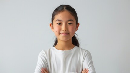 Japanese girl conveying confidence and determination on a white background