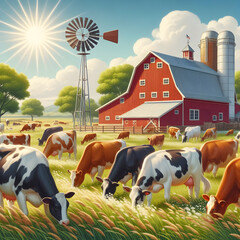 Animals are grazing in the front of the diary farm and the sun and clouds are visible in the background.