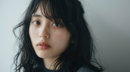 Thoughtful expression of a Japanese girl in a minimalist, isolated setting