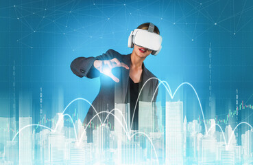 Caucasian architect wearing VR headsets and designing building construction. Professional civil engineer working and planning about house structure by using visual reality simulation. Contraption.