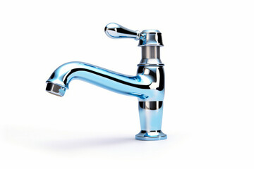 Chrome faucet with blue handle and white background.