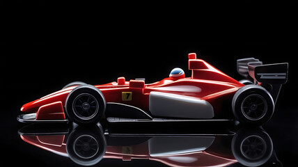 Side profile shot of a toy plastic race car from new generation or racing car on black background on a reflective surface with selective focus and copy space
