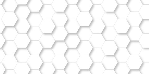 Naklejka premium Abstract pattern with hexagonal white and gray technology line paper background. Hexagonal 3d vector grid tile and mosaic structure mess cell. white and gray hexagon honeycomb geometric copy space.