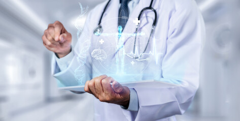Skilled doctor using VR goggles and research about genetic while standing at lab. Professional...