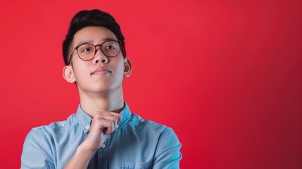 Obraz premium Young Asian man looking up on red background with copy space. Thinking about business.