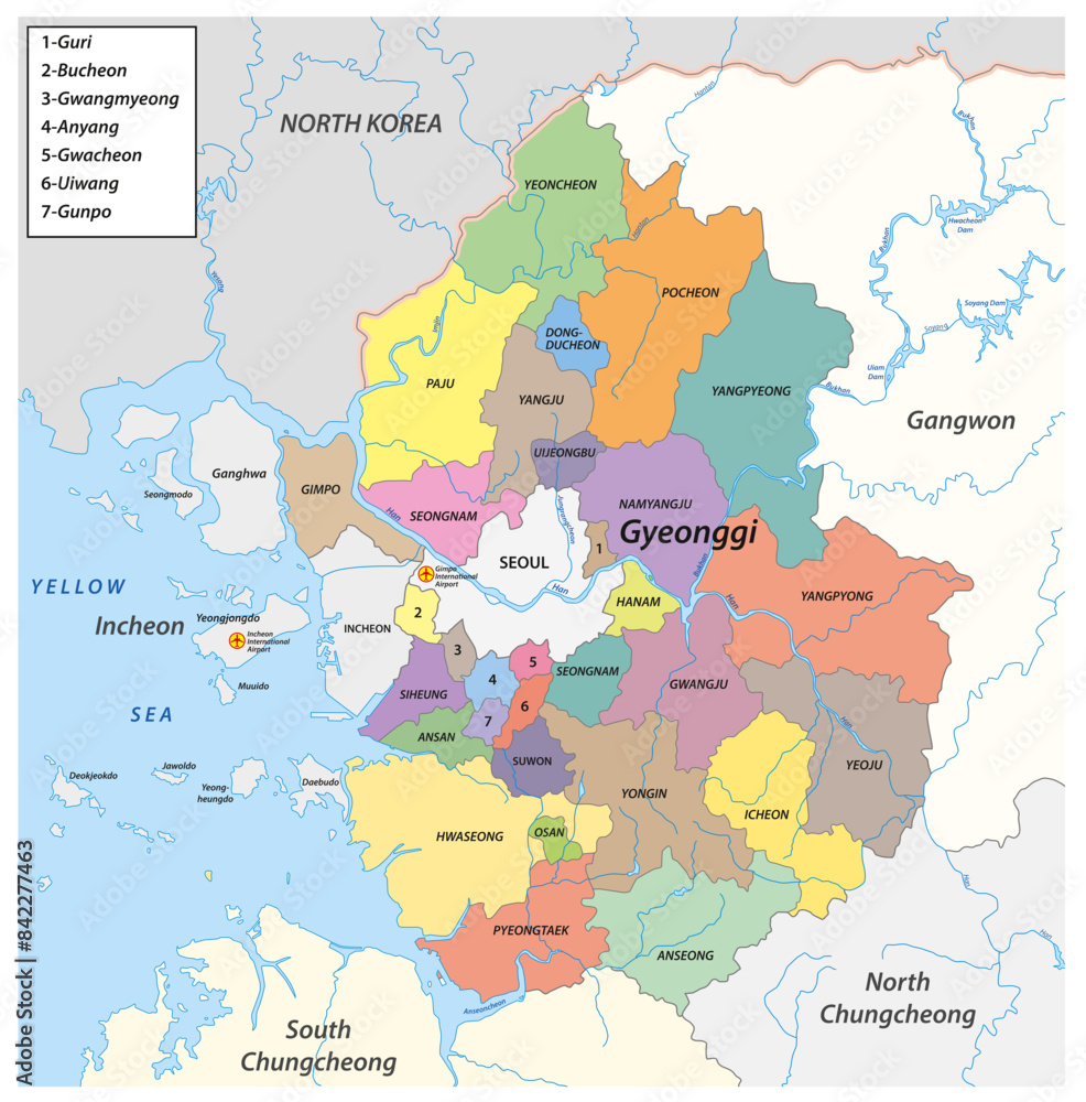 Wall mural administrative map of the south korean province of gyeonggi and the capital seoul