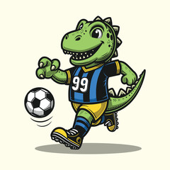 Dinosaur Play Football, Vector Dinosaur Soccer Player Cartoon Running with Soccer Ball