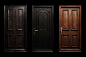 Series of three doors with black background and brown door.