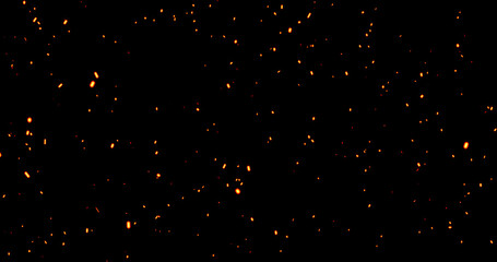 Realistic surreal ember fire dust slowing rising up on black bg. Grunge dark fire sparks flying isolated dark background. Overlay spark tiny flake burning. Hell rising burst inferno. Ember on black.