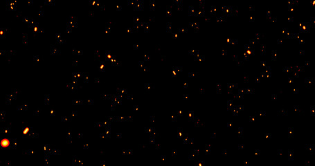 Realistic surreal ember fire dust slowing rising up on black bg. Grunge dark fire sparks flying isolated dark background. Overlay spark tiny flake burning. Hell rising burst inferno. Ember on black.