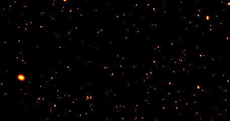 Realistic surreal ember fire dust slowing rising up on black bg. Grunge dark fire sparks flying isolated dark background. Overlay spark tiny flake burning. Hell rising burst inferno. Ember on black.