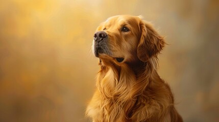 Obraz premium In bright lighting a golden retriever sits gracefully on a solid color background The dog's golden fur glistens under the light enhancing its friendly and approachable appearance The solid background