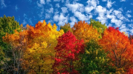 Vivid Fall Scene of Trees with Red Orange Yellow and Green Leaves Set Against a Rich Blue Sky