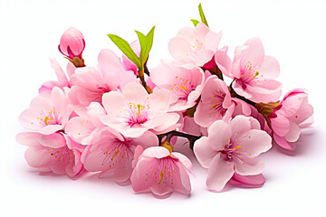 Bunch of pink flowers on white background with green leaf.