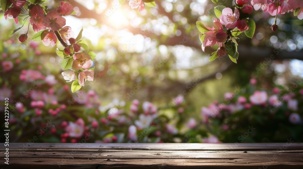 Wall mural spring background with a wooden table and a blurred green spring garden with a blossoming apple tree