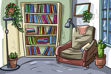 Cartoon cute doodles of a cozy reading nook with a bookshelf filled with books and a comfy armchair, Generative AI