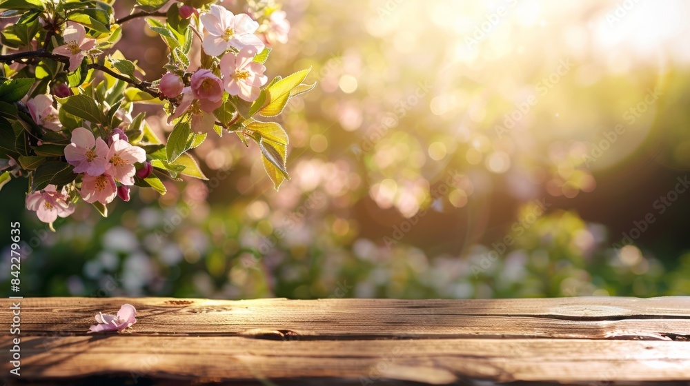 Wall mural spring background with a wooden table and a blurred green spring garden with a blossoming apple tree