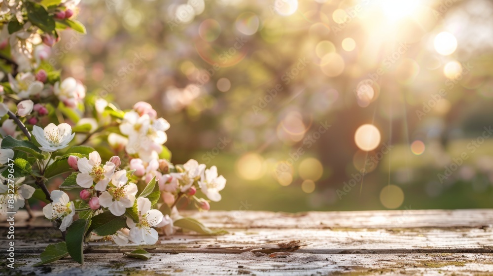 Wall mural spring background with a wooden table and a blurred green spring garden with a blossoming apple tree