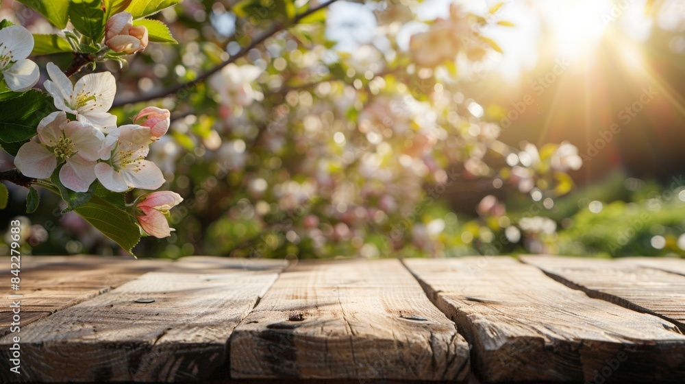 Wall mural spring background with a wooden table and a blurred green spring garden with a blossoming apple tree