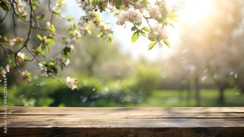 Wall mural spring background with a wooden table and a blurred green spring garden with a blossoming apple tree