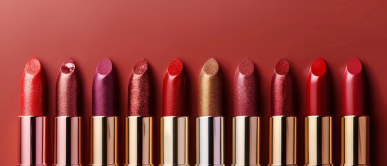 Obraz premium Colorful lipstick with different glosses on a red background.