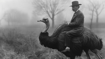 Golf player riding a running ostrich.
