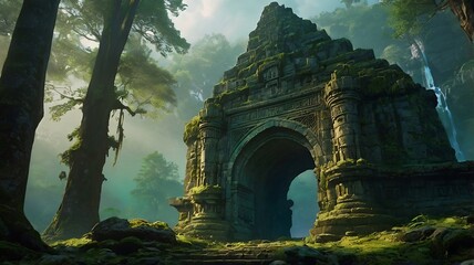 Ancient moss-covered stone archway in the middle of a misty forest, surrounded by towering trees. A serene, mysterious blend of nature and history. Made By AI
