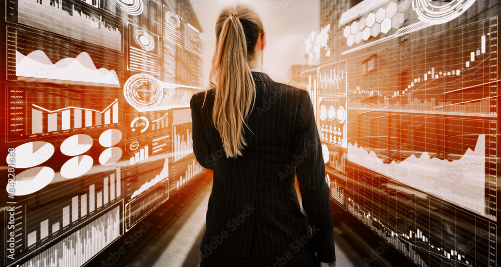 Poster big data technology for business finance analytic concept. modern interface shows massive informatio