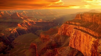 A majestic canyon aglow with the fiery hues of sunset,Minimalist composition accentuating the...